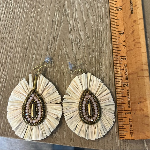 Gold and Cream Raffia Beaded Teardrop Earrings - Picture 3 of 3